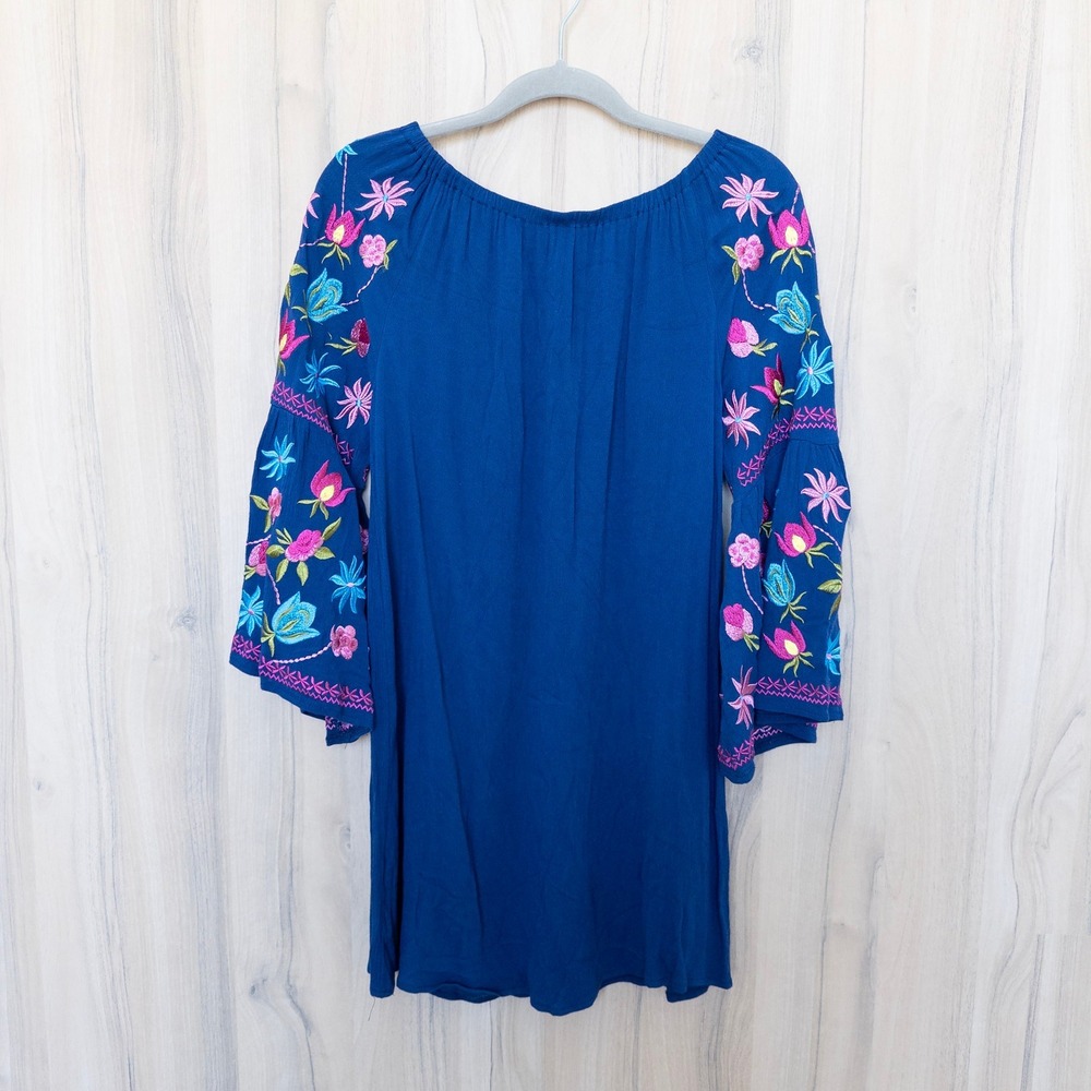 Boho Embroidered Tunic Top Small Blue Floral Bell‎ Sleeve Boho Cottage Festival